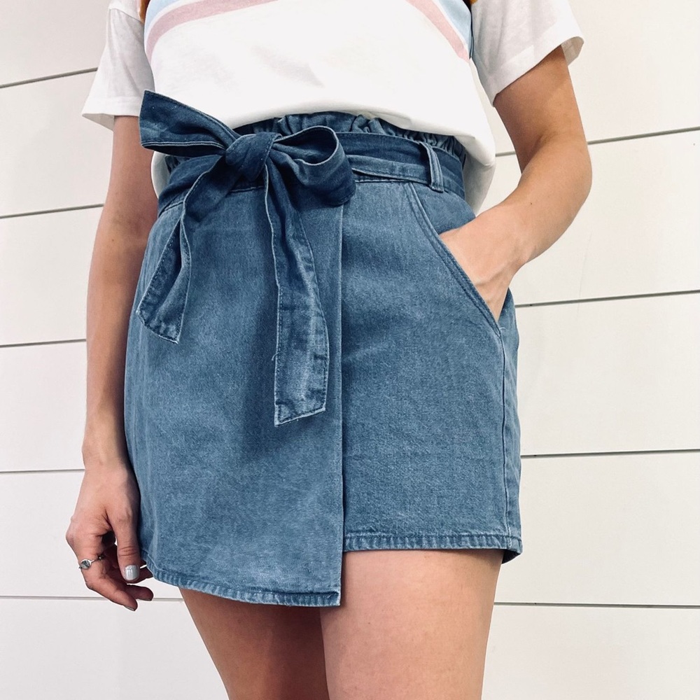 Sky Blue-Pocketed Denim Wrap Skort